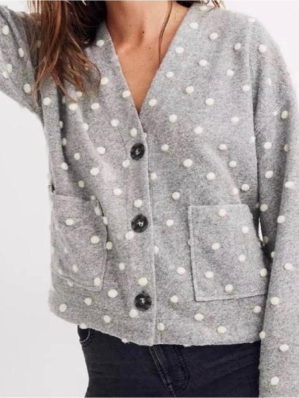 Madewell gray white Pom Pom polka dot boxy wide sleeve button cardigan sweater S